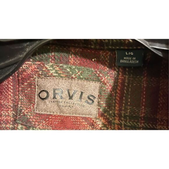 Orvis Men’s L Thick Flannel Button Down Plaid Burgundy & Green shirt - Picture 6 of 6